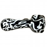 Glass Spoon Pipe - Black and White Squiggle Pattern with Clear Marbles